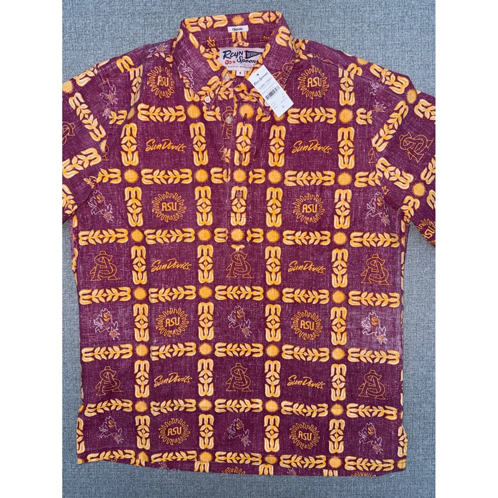 NWT Reyn Spooner S Small 3 Button Pull Over ASU Sun Devils Aloha Shirt Football